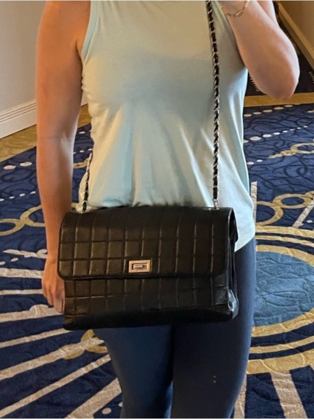 CHANEL Chocolate Bar Black Quilted Leather Crossbody Bag with Chain Strap